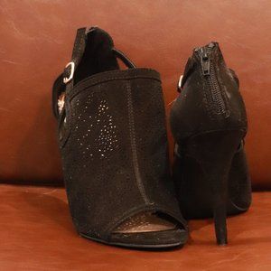 Lauren Conrad black suede laser cut peep toe heels